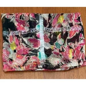 Vintage Floral Cotton-Silk Scarf 50"x26" Hot Pink Multicolor w/ Metallic Accents